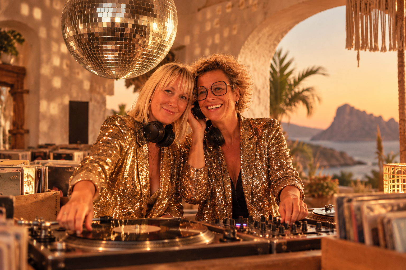 Blanche & Cécile achter de draaitafels bij zonsondergang aan zee
